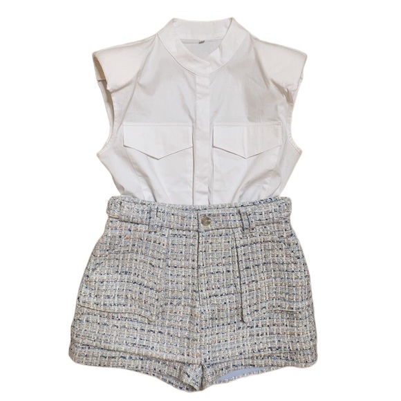 Blue mini skirt skort set and white button down top size 4 Small Meduim - Picture 2 of 6